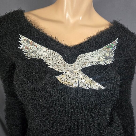 Y2K Black Fluffy Shaggy Sweater Silver Sequin Bird Eagle Size XS V Neck - Picture 2 of 10